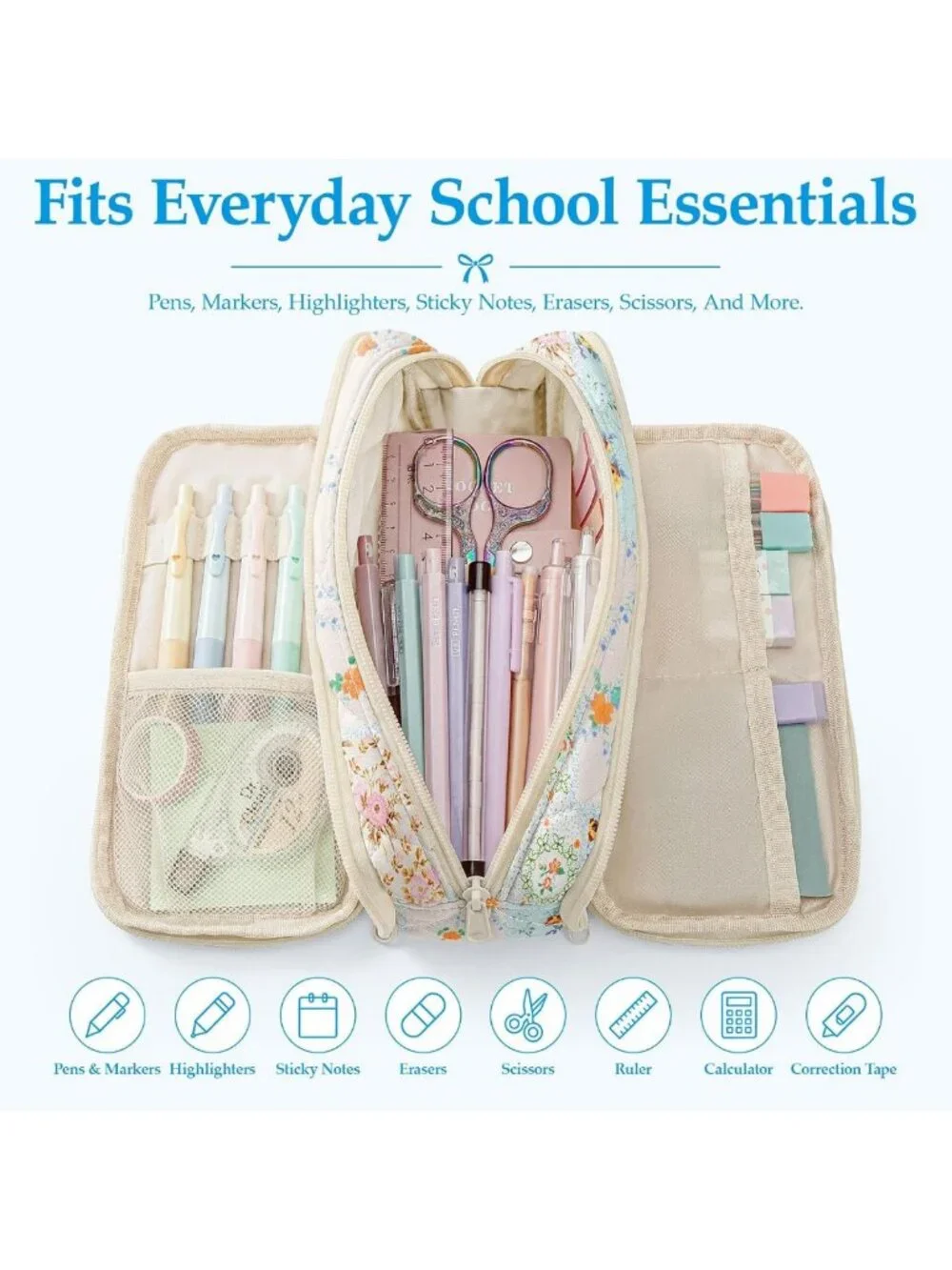 Cute Quilted Pencil Case for Girls | Large Capacity 3 Compartment Organizer